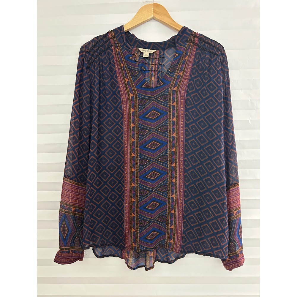 Lucky Brand Womens Blue Geometric Diamond Print Smocked V-Neck Peasant Top L